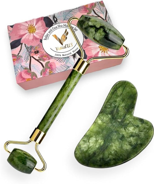 VIVIDUS Gua Sha and Jade Roller Set for Facial Massage, Improve Wrinkles, Reduce Puffiness and Redness, Gua Sha Stone Self Care Gift Set for Women Men (Green)