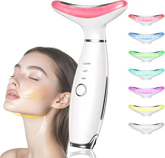 Facial and Neck Beauty Massager,7 Color Face and Neck Beauty Device with 3 Massage Modes,at Home Face Culpting Tool for Skin Care(White)