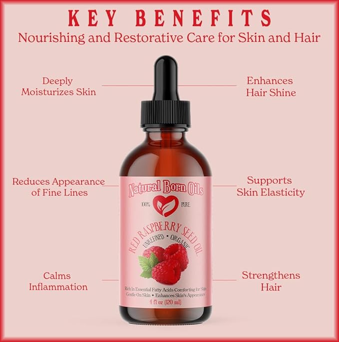 Natural Born Oils Red Raspberry Seed Oil, 4oz, Organic, Cold-Pressed, Packed with Antioxidants, Great for Skin Hydration, Hair Vitality