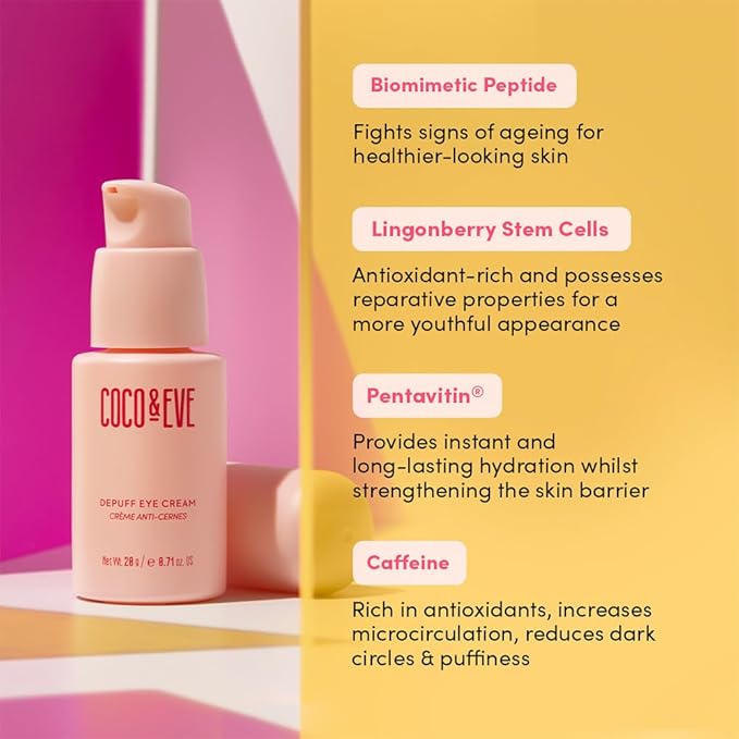 Coco & Eve Depuff Eye Cream. Under Eye Cream for Puffiness, Dark Circles & Wrinkles. Firms, brighten, revitalize, and smooth out fine lines. (0.71 fl oz)