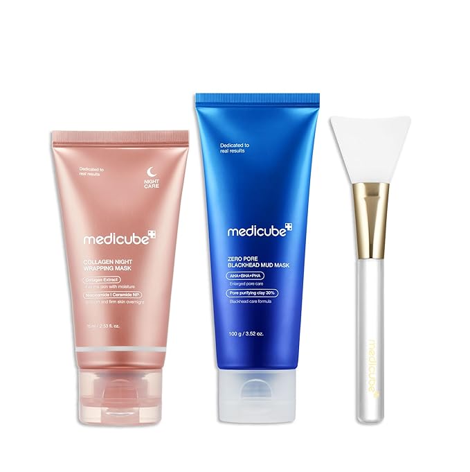 medicube Korean Viral Glass Skin Faical Mask Duo: Collagen Overnight Wrapping Peel Off Facial Mask Pack & Zero Pore Blackhead Mud Facial Mask & Jelly Brush