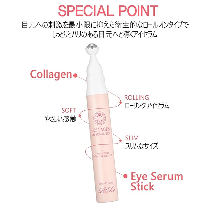RiRe Collagen Eye Serum Stick 15ml(0.5 fl.oz.) Hydrolyzed Collagen 76%, Hypoallergenic, All Skin Type, Dermatologist Tested, Niacinamide, Adenosine,Airless Pump