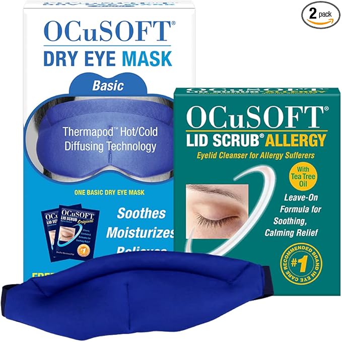 OCuSOFT Lid Scrub Allergy & Dry Eye Mask Bundle - Soothes Red, Irritated Eyelids - Pre-Moistened Eyelid Cleanser Pads & Reusable Moist-Heat Eye Compress Kit - 30 Pads + 1 Thermapod Mask