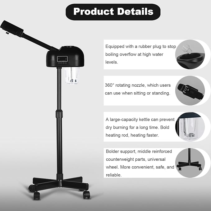 Stand Professional Ozone Facial Steamer with Digital Display, Adjustable Height & Rolling Base, Timer Function, 360° Rotatable Nozzle, Hot Mist Function, Use for Home, Salon SPA (Black)
