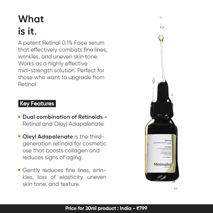 Minimalist Retinal 0.1% Face Serum | Reduces Fine Lines & Wrinkles | Enriched with Bakuchiol & Squalane | Anti-Aging & Hydrating Formula | For All Skin Types | 0.68 Fl Oz/ 20 ml