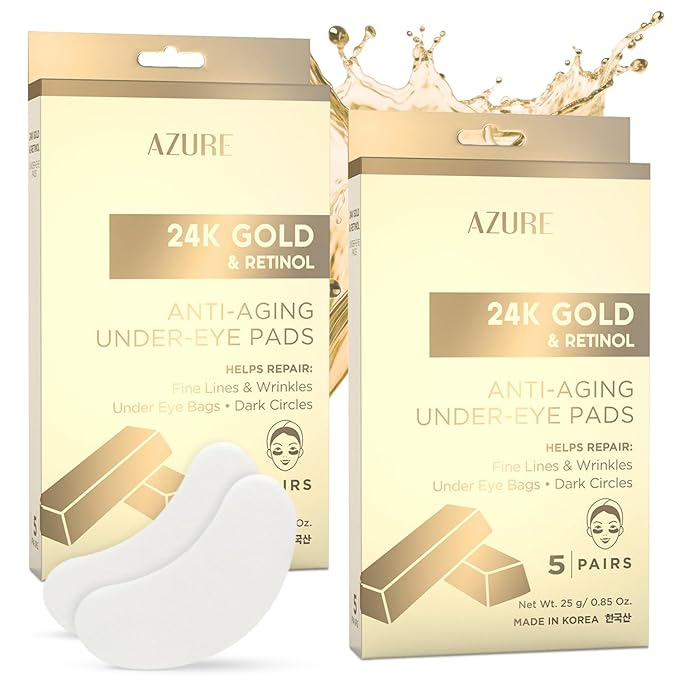 AZURE 24K Gold & Retinol Anti Aging Under Eye Patches - Firming, Restoring & Deeply Hydrating Eye Mask - Reduces Fine Lines, Wrinkles, Dark Circles & Puffiness - Skin Care Made in Korea - 10 Pairs