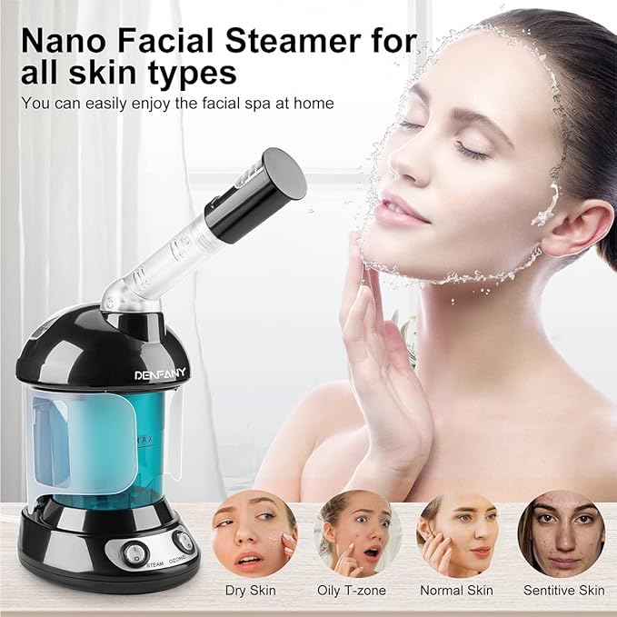 Facial Steamer - DENFANY Nano Ionic Face Steamer with Extendable 360° Rotating Arm - Portable Facial Steamer for Personal Care at Home or Salo (Black)