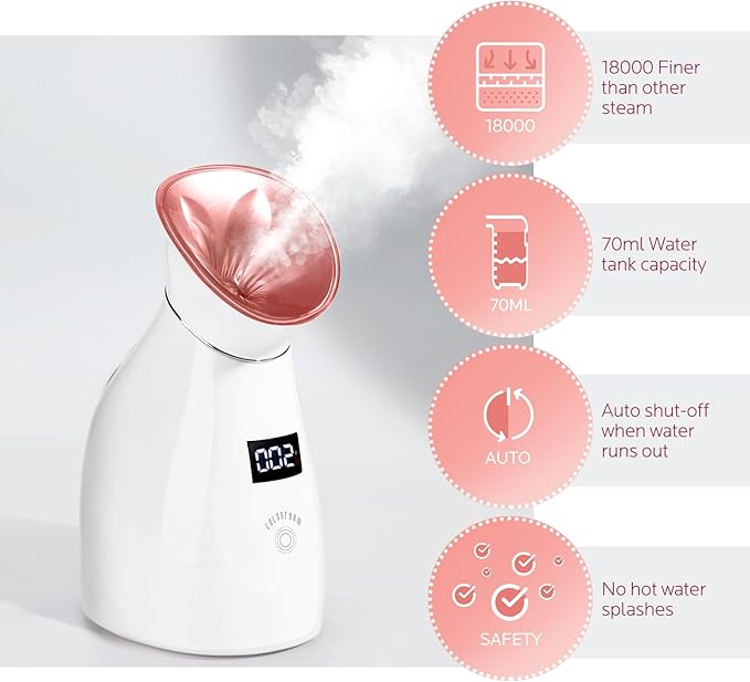 Colorfarm Facial Steamer Nano Ionic: Smart Face Steamer Deep Cleaning Unclogs Pores - Humidifier Hot Mist Home Sauna Spa for Women Men with LCD Display Steam Timer