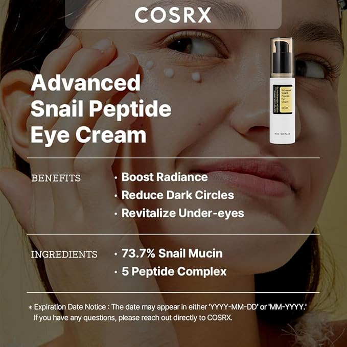 COSRX Snail Mucin Peptide Under Eye Cream, 0.84 fl oz, 73.7% Snail Mucin and Niacinamide, Eye Care, Eye Cream Anti Aging, Dark Circles, Korean Skin Care