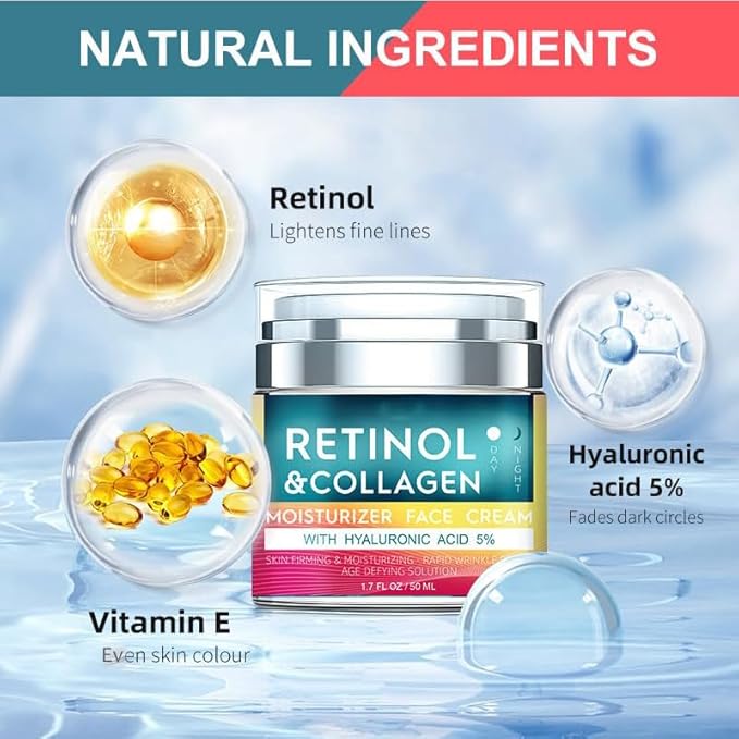 Retinol Cream for Face with Hyaluronic Acid, Day & Night Anti-Aging Moisturizer for Women and Men, Collagen Cream for Face Reduces Wrinkles, Dryness 1.7 FL Oz