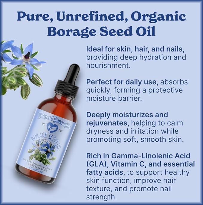 Natural Born Oils Borage Seed Oil, 1 Gallon, Organic, Cold-Pressed, High GLA, Vitamins & Minerals, Deep Skin Nourishment, Hair Vitality