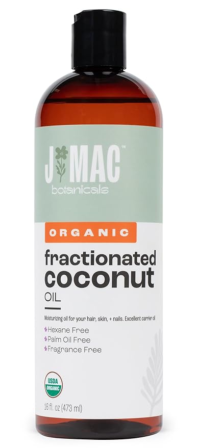 J MAC BOTANICALS, Organic Fractionated Coconut Oil (16 Oz.) Carrier oil for diluting essential oils, leave in conditioner for dry damaged hair, skin, massage
