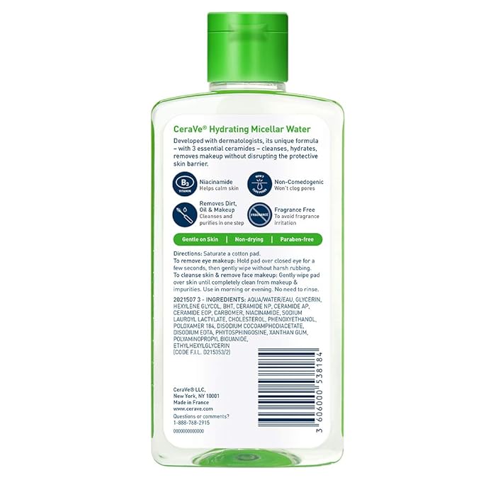 CeraVe Micellar Water, New & Improved Formula, Hydrating Facial Cleanser & Eye Makeup Remover, Fragrance Free & Non-Irritating, 10 Fl. Oz