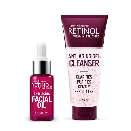Retinol Anti-Aging Facial Oil – With Nine Essential Oils, Restores Hydration and Nourishment Anti-Aging Gel Cleanser - Gently Cleans Impurities From Pores & Exfoliates for Soft, Smooth Skin
