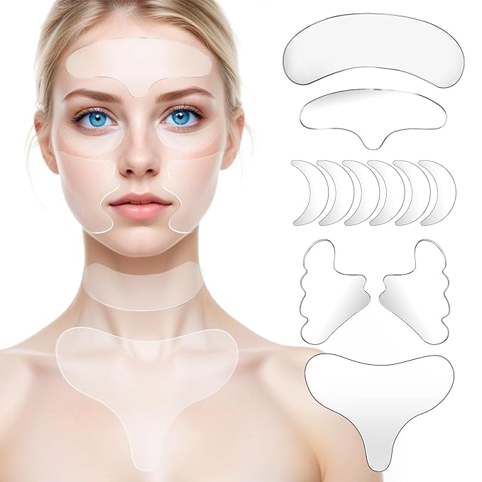 11 Pcs Neck Wrinkle Patches Reusable Silicone Forehead Wrinkle Mask No Adhesive Under Eye Pad for Plump Wrinkles Skin Lines Overnight Beauty Eyecare Cream Applicator while Sleeping