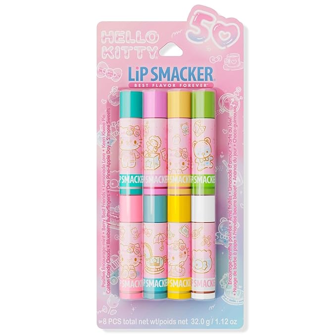 Lip Smacker Hello Kitty 50th Anniversary 8-Piece Lip Balm Party Pack - Super Sweet Flavors, Moisturizing, Sweet Silky Smooth Gliding Application, Perfect for Gifting