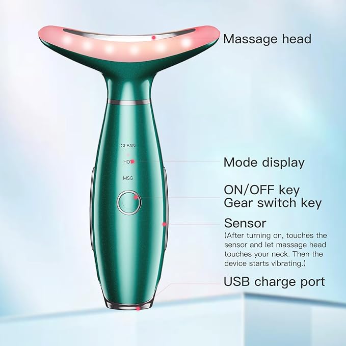 Neck Face Massager, Skin Care Face Massage Tool, 3-in-1 Facial Massager, Face Sculpting Tool with Thermals, Vibration (Green)