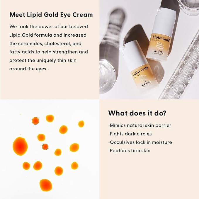 Stratia Lipid Gold Eye Cream Moisturizer and Anti-Aging Skincare for Dark Circles, Fine Lines, Wrinkles, and Under-Eye Brightening, 0.5 fl. oz