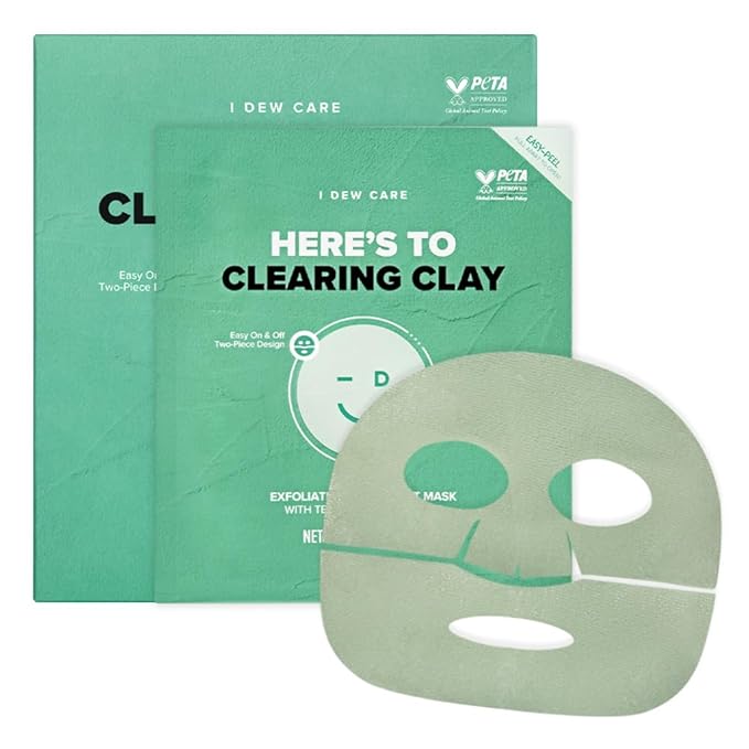 I DEW CARE Face Sheet Mask - Here's To Clearing Clay | Daily Exfoliate, Decongest, Minimize Pores, Soothe, Infused with 3-Clay Complex, Tea Tree, Centella Asiatica, Moisturizing, 4ea