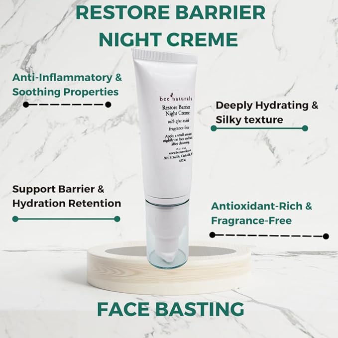 Bee Naturals Restore Night Creme with Zinc Oxide - Barrier Support & Hydration, Dermatologist-Recommended Non-Comedogenic Formula, Ideal for Face Basting, All Skin Types, Fragrance-Free, 1.5 Oz
