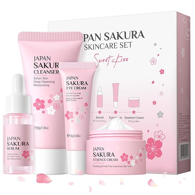 Skin Care Sets for Women/Girls JAPAN SAKURA Beauty Gift Sets Skincare Kit with Cleanser, Serum, Eye Cream, Face Cream Travel Pamper Sets for Women Gifts,Skin Care Sets & Kits