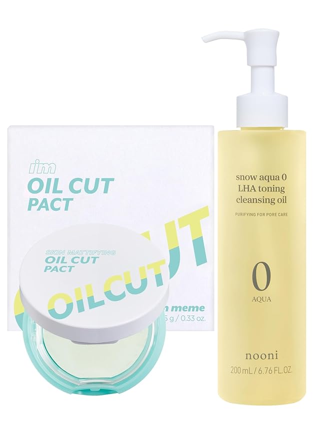 I'm Meme Compact - Oil Cut Pact, 0.34 Oz + NOONI Korean Cleansing Oil - Snow Aqua 0 LHA Toning Pore Care Korean Facial Oil Cleanser, 6.76 fl.oz Bundle