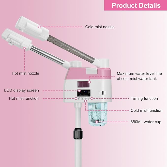 Professional Facial Steamer,2 in 1 Facial Steamers with Hot&Cool Mist, Height Adjustable Face Steamer, Pink Esthetician Steamer for Home Salon Spa