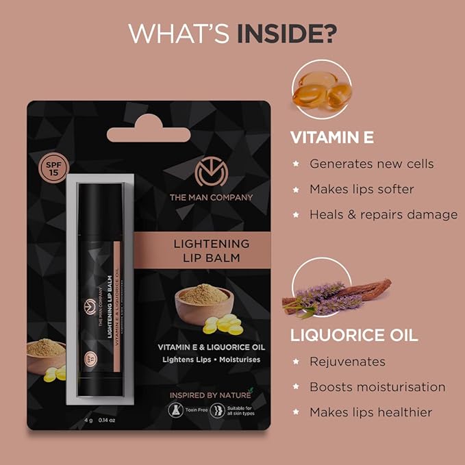 The Man Company Lightening Lip Balm for Men with Vitamin E & Liquorice Oil (0.14 oz), Lightens Darkened Lips, Nourishes, Moisturizes & Hydrates | PABA Free