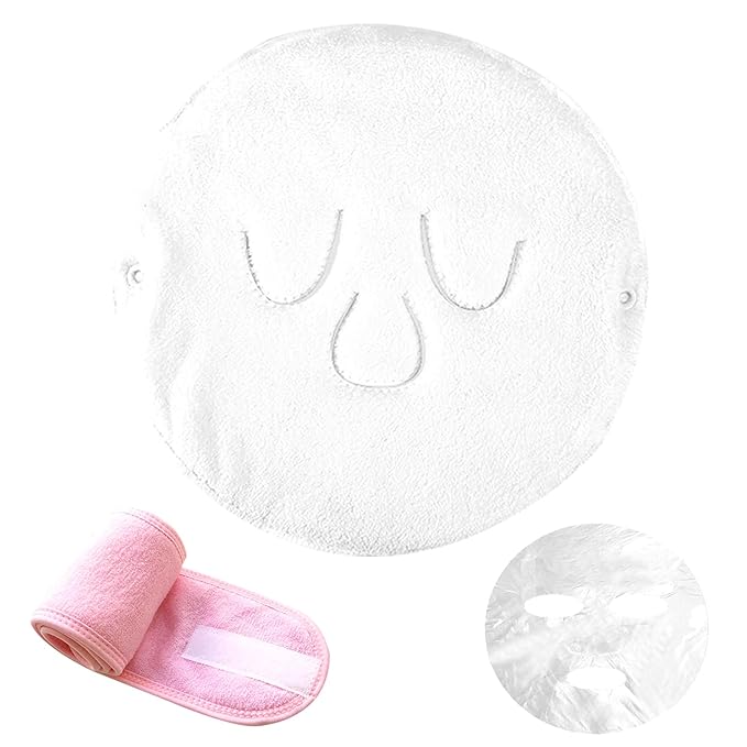 Hot Compress Face Towel Mask Set,Reusable Cold Hot Towel Beauty Skin Care Mask for Open Pores and Increase Blood Circulation,Also Spa Headband and Disposable Plastic Facial Mask.