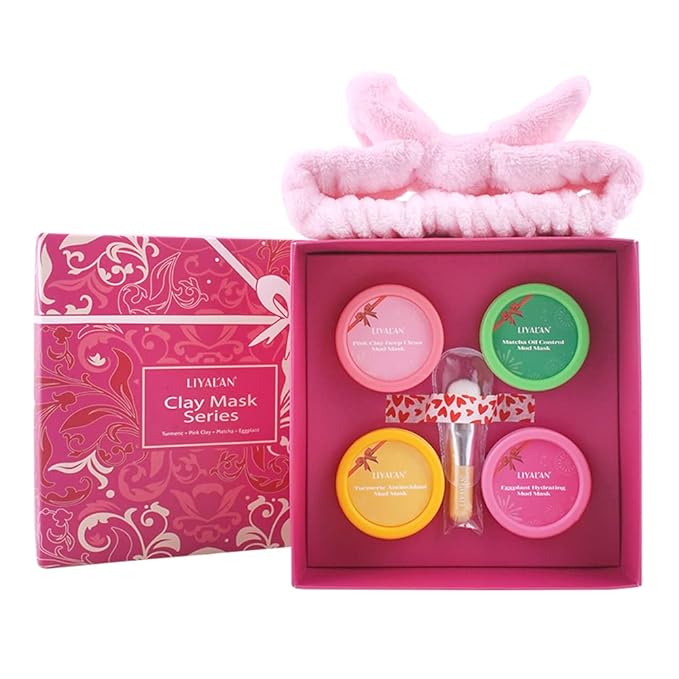 LIYALAN Face Clay Mask Set,Matcha Facial Mud,Eggplant Rose Face Skin Care, Turmeric Acne Facial Masks Gifts for Women, Deep Cleansing Pink 1.76 oz 4 pack