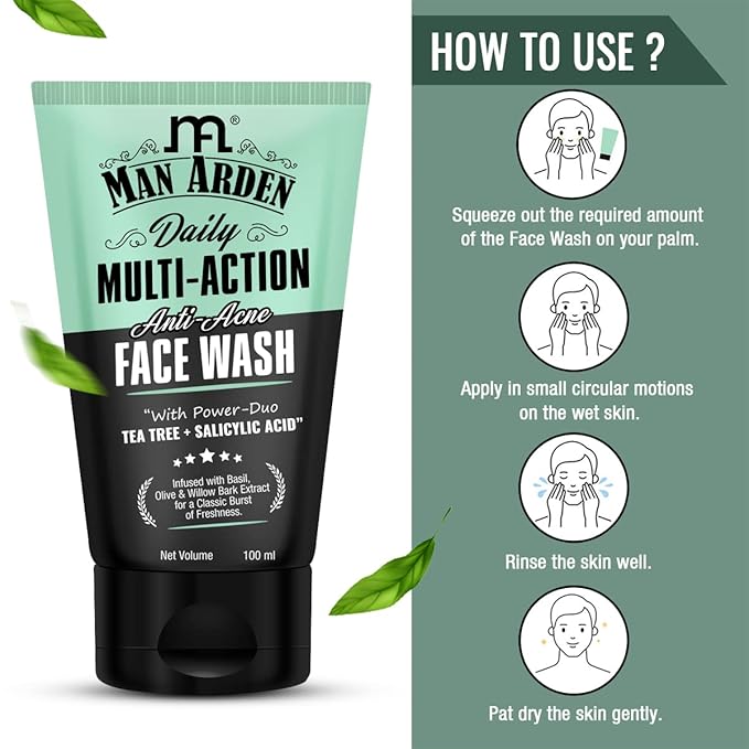Man Arden Daily Multi-Action Anti Acne Face Wash For Oily Skin | With Power Duo Tea Tree for Acne-Prone Skin, 100 ml