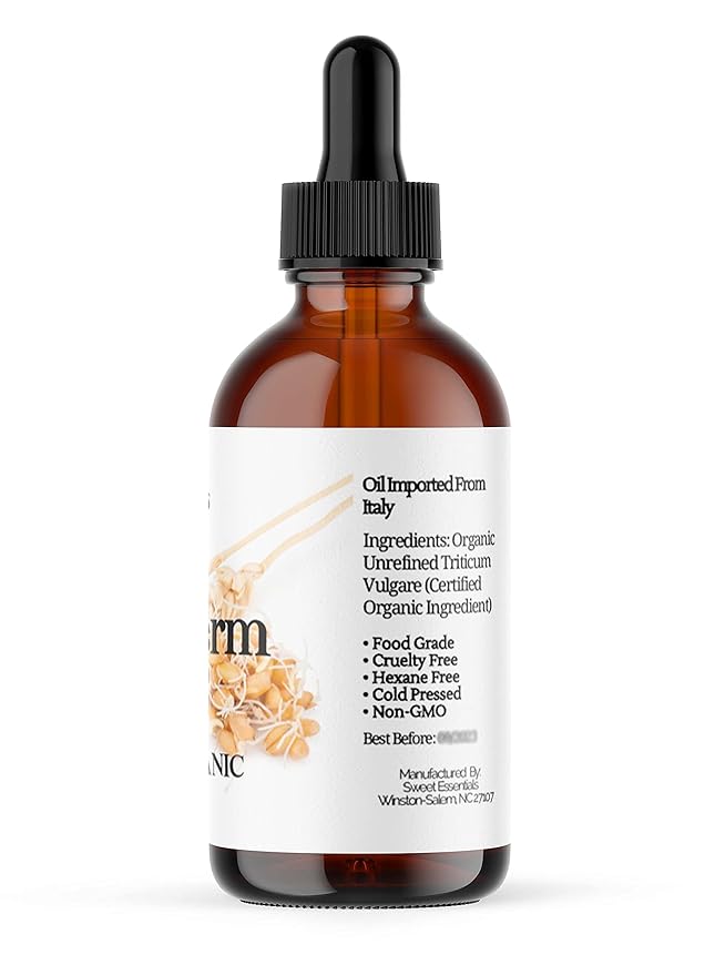 100% Organic Unrefined Wheat Germ Oil | Imported From Italy | 4oz Glass Bottle | 100% Pure - Virgin | Cold-Pressed | Natural Moisturizer for Skin, Hair and Face | Stretch Mark Relief - NON GMO