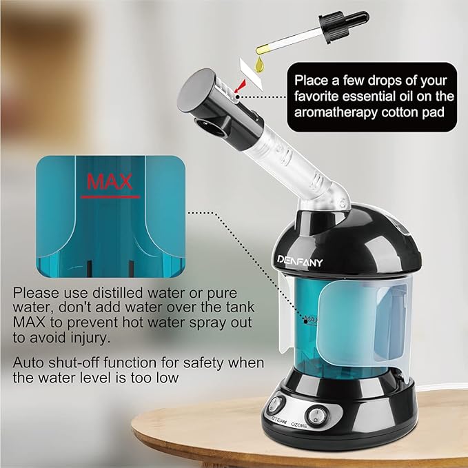 Facial Steamer - DENFANY Nano Ionic Face Steamer with Extendable 360° Rotating Arm - Portable Facial Steamer for Personal Care at Home or Salo (Black)