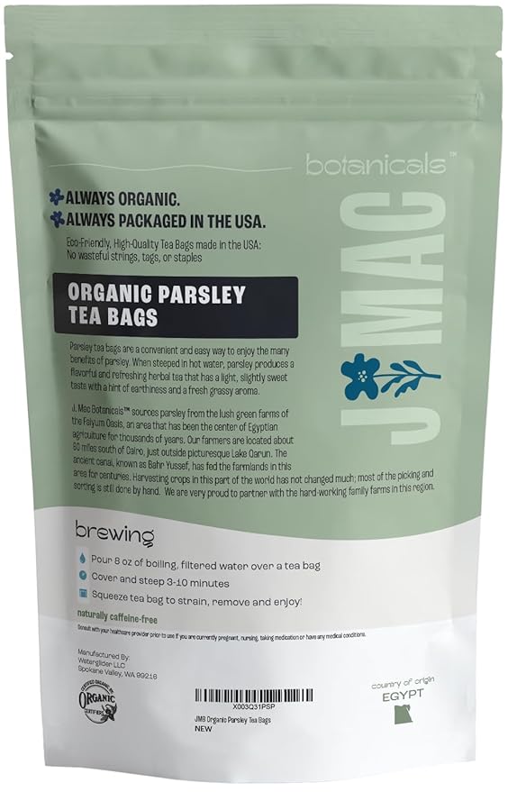 J Mac Botanicals, Organic Parsley Leaf (100 Count) - Certified by Organic Certifiers, Inc. - Quality Tea From Nile Valley, Egypt, Packaged in the USA
