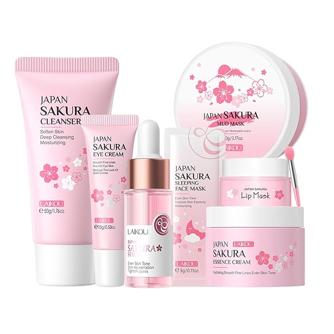 Japan Sakura Skincare Set 7PCS-Teenage Skin Care Set-Skin Care for Teens 10-12-Skincare for Girls 10-12-Teen Skin Care Kit with Cleanser,Face Cream,Mud Mask,Eye Cream (One Size, Starter Moiturizing)
