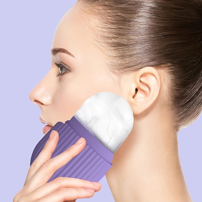 Ice Face Roller, Reusable Silicone Mold Face Massage Eye Facial Beauty Skin Care Tools Apply Ice for Shrink Pores Anti Wrinkle Reduce Puffiness Improve Skin Elasticity, Striped, Purple