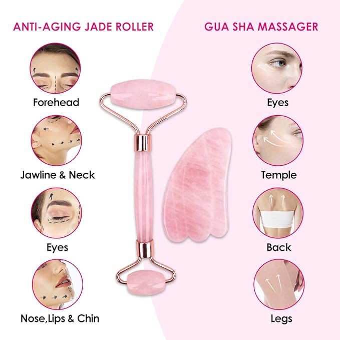 Jade Roller and Gua Sha Massage Tool - Jade Face Roller -100% Natural Rose Quartz - Face Massager, Facial Roller for Skin, Eyes, Neck - Authentic, Durable, Noiseless Design