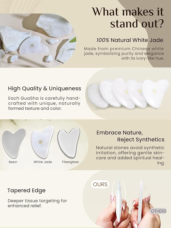 Rena Chris Gua Sha Facial Tools-Ergonomic White Jade Gua Sha for Face Massage, Jawline Sculpting & Puffiness Reduction with Silicone Case (White)