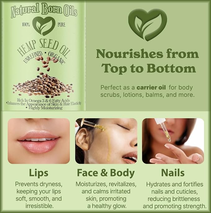 Natural Born Oils Hemp Seed Oil, 16oz, Organic, Cold-Pressed, Nutrient-Rich, Deep Skin Moisturizer, Hair Health Booster