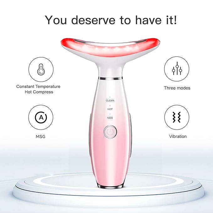 Neck Face Massager, Skin Care Face Massage Tool, 3-in-1 Facial Massager, Face Sculpting Tool with Thermals, Vibration (Pink)