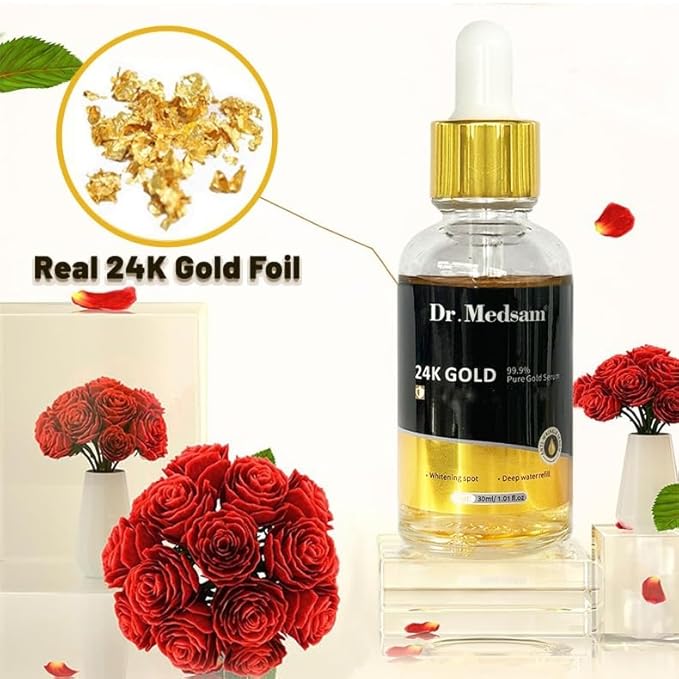 Dr.Medsam 24K Gold Serum, 99.9% Pure Gold Anti Aging Moisturizer with Hyaluronic Acid Niacinamide Deep Hydration and Firming Skin Care Glow Serum 30ML/1.01 Oz