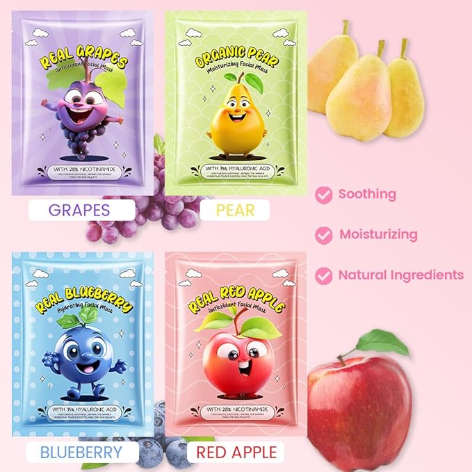 12 Pack Fruit Face Masks for Kids,Hydrating Face Mask For Sensitive Skin,Moisturize,Soothing,Nourish for All Skin Types,Natural Spa Party Facial Mask Skincare Set for Women Men Girls