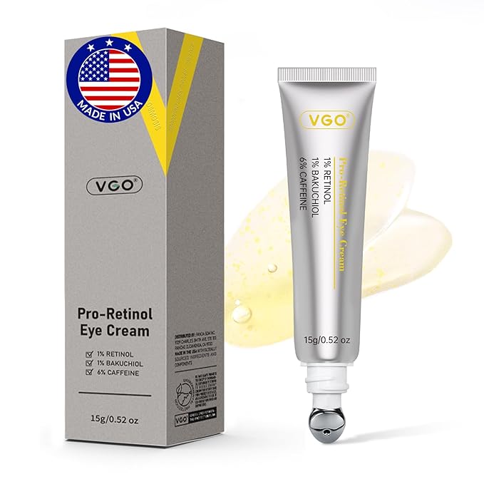 VGO Retinol Eye Cream, Anti-Aging Eye Cream for Dark Circles & Puffiness with 1% Retinol, 1% Bakuchiol & 6% Caffeine to Reduce Wrinkles, Fine Lines, De-puff and Eye Bags, 0.52 oz/15g, Made in USA