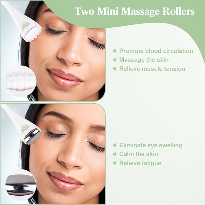 Hilph Mini Ice Roller for Face & Eyes, Face Eye Massager Roller Set with Stainless Steel and Silicone Head for Puffiness Relief, Massage Apparatus Metal Facial Ice Roller for Puffy Eyes (White)