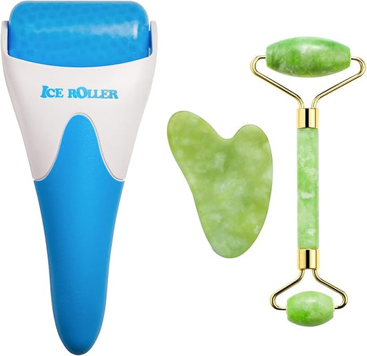 3-in-1 Natural Stone Jade Roller and Gua Sha Set for Face and Eye Ice Roller Facial Cooling Massage Roller