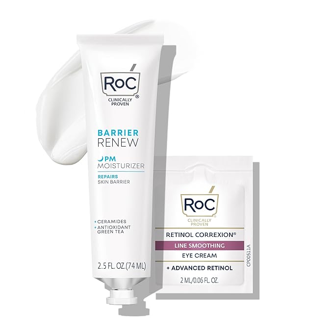 RoC Barrier Renew Night Moisturizer with Ceramides & Antioxidant Green Tea and Lipo Peptides to Renew Skin Barrier, (2.5 oz) with Retinol Eye Cream Packette