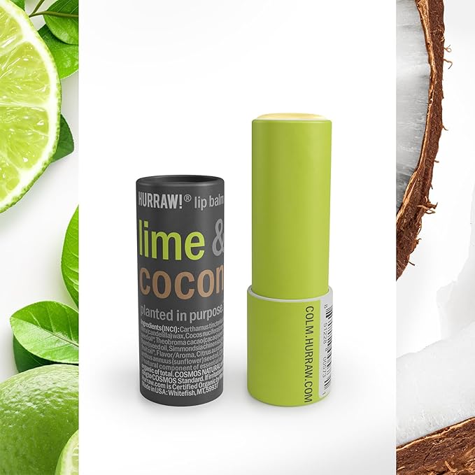 Hurraw! Lime & Coconut Lip Balm, 3 Pack: Plastic-Free with new cardboard push-up tube. Certified Organic, All Natural Origin, Vegan & Cruelty Free. Gluten Free. Bee, Shea, Soy & Palm Free. Made in USA