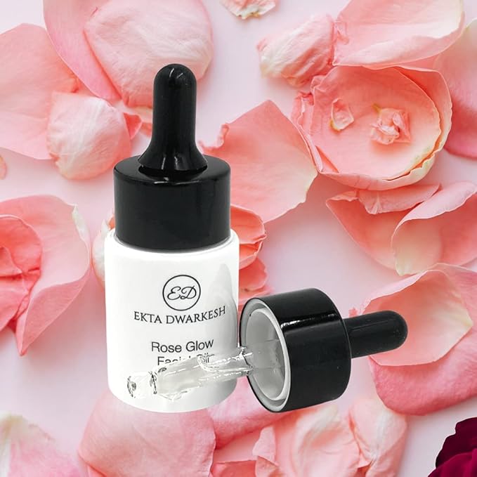 Rose Glow Facial Oil (with Rose extracts, Jojoba oil and vitamin E) Hydrates & Provides Antioxidant Benefits (0.60 fl. oz.) Vegan and Cruelty Free