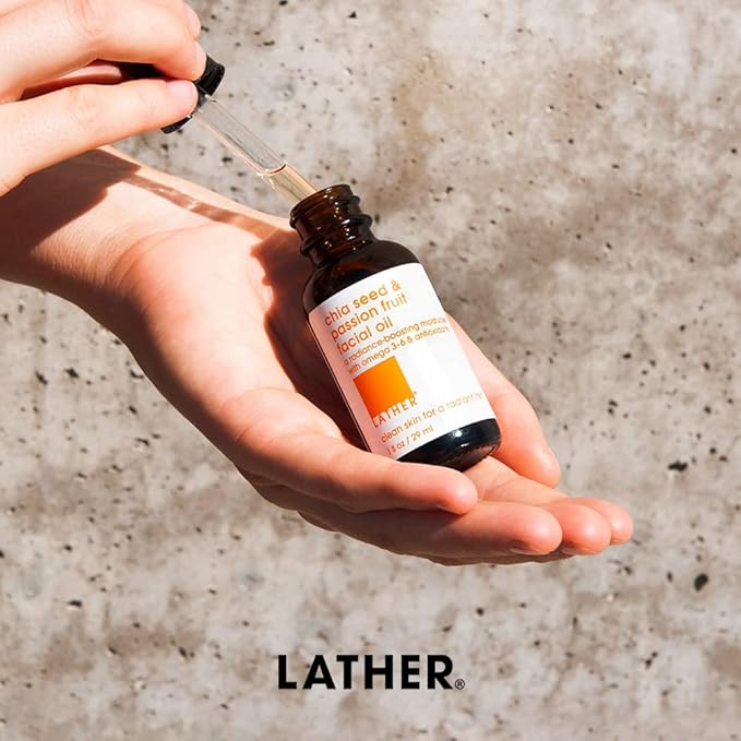 LATHER Chia Seed & Passion Fruit Face Oil - Vitamin C, E and A Boost, with Rosehip & Lavender - Lightweight & Absorbing Formula - Moisturizing for Combination, Dry, Mature & Sensitive Skin - 1 Fl Oz