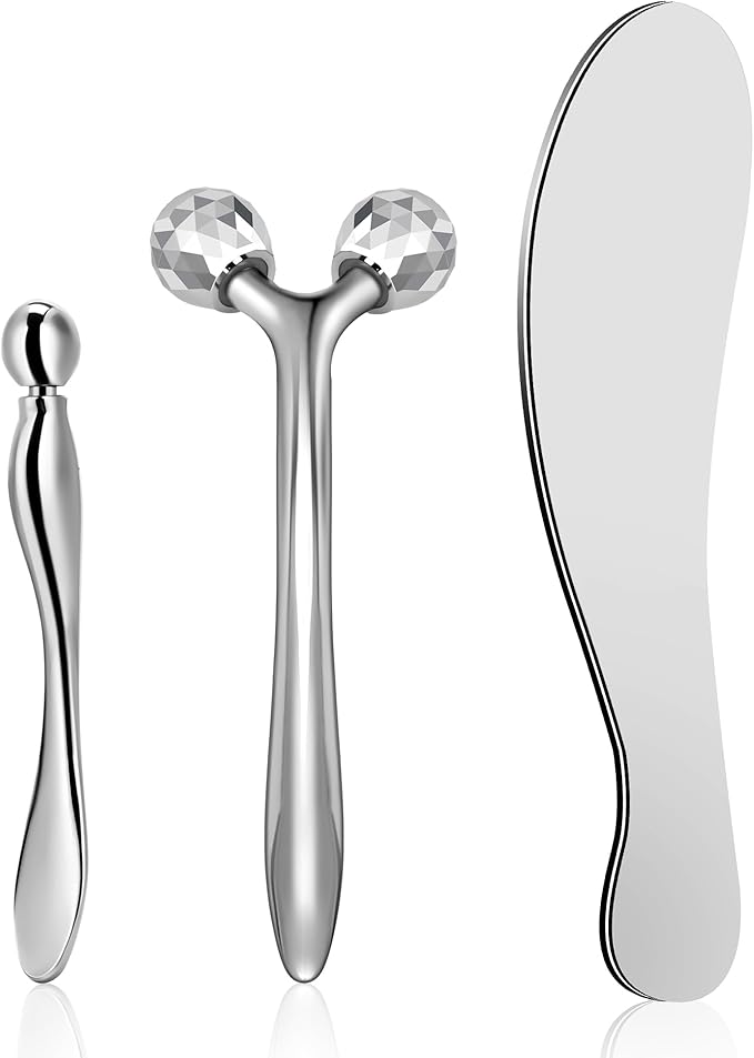 Face Roller, Large Stainless Steel Metal Guasha & Eye Cream Applicator Facial Tool Set Eye Massager Lymphatic Drainage Gua Sha for Face Neck